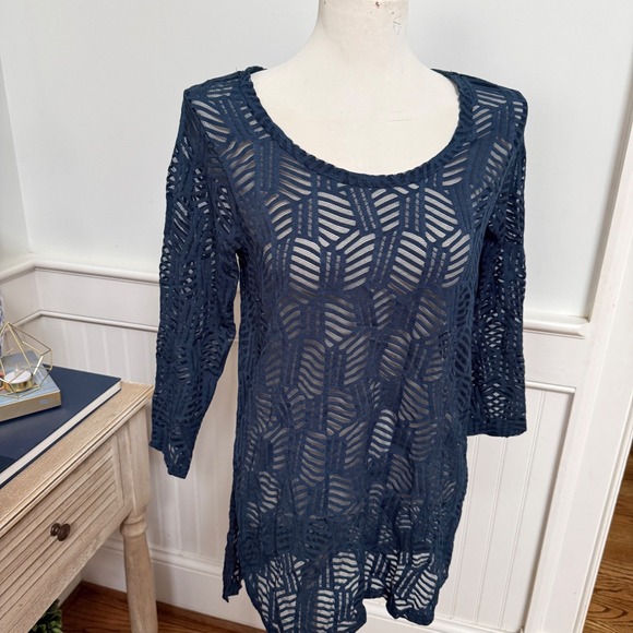 Ariat Womens Blue Geometric Knit Crochet Mesh Long Sleeve Tunic Top M - Picture 2 of 7